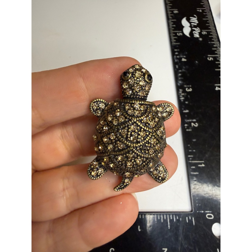 Antique Gold Tone Rhinestone Bobble Head Turtle Brooch Pin Animal Jewelry
